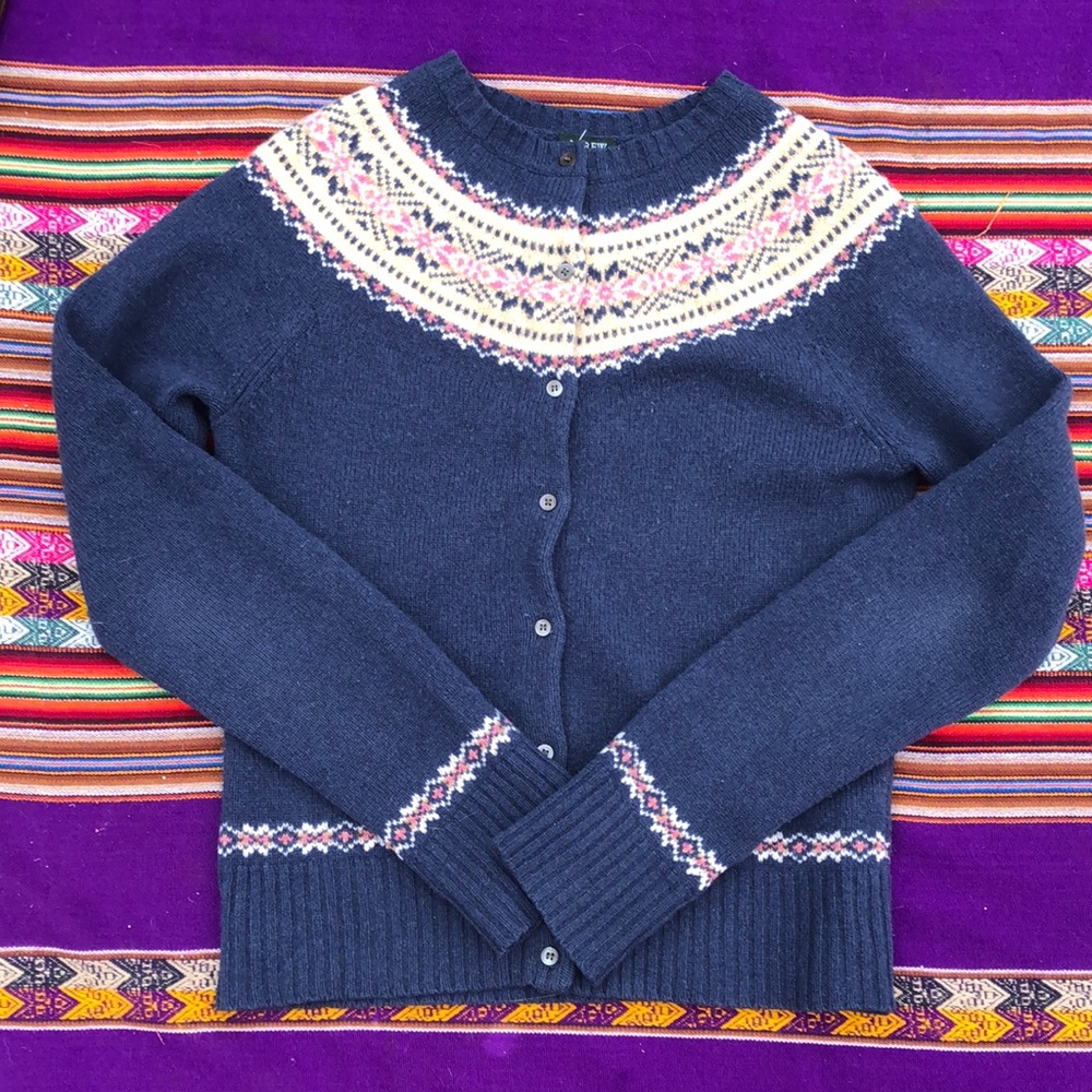 J. Crew Factory Navy Blue Fair Isle Yoke Cardigan